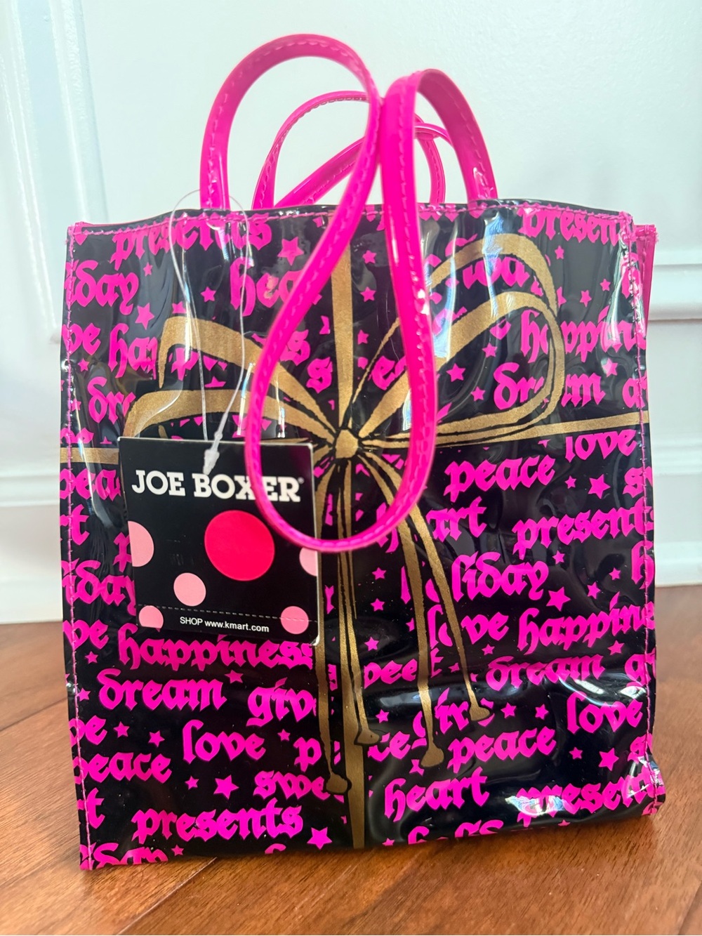 Vintage Joe Boxer Black Tote with Hot Pink Script & Gold Bow Graphic